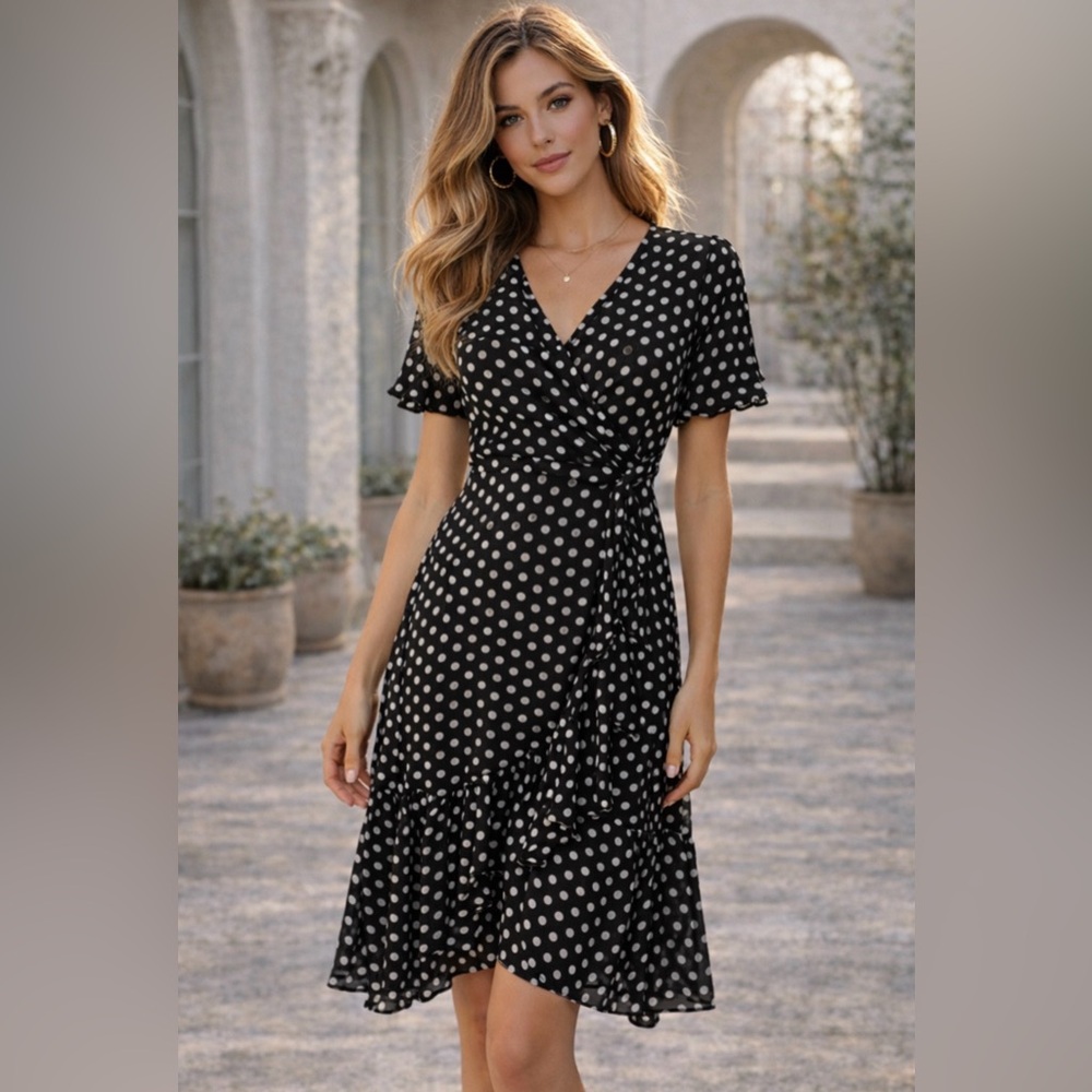 Calvin Klein Dress 8 Black White Polka Dot Flowy Short Sleeves